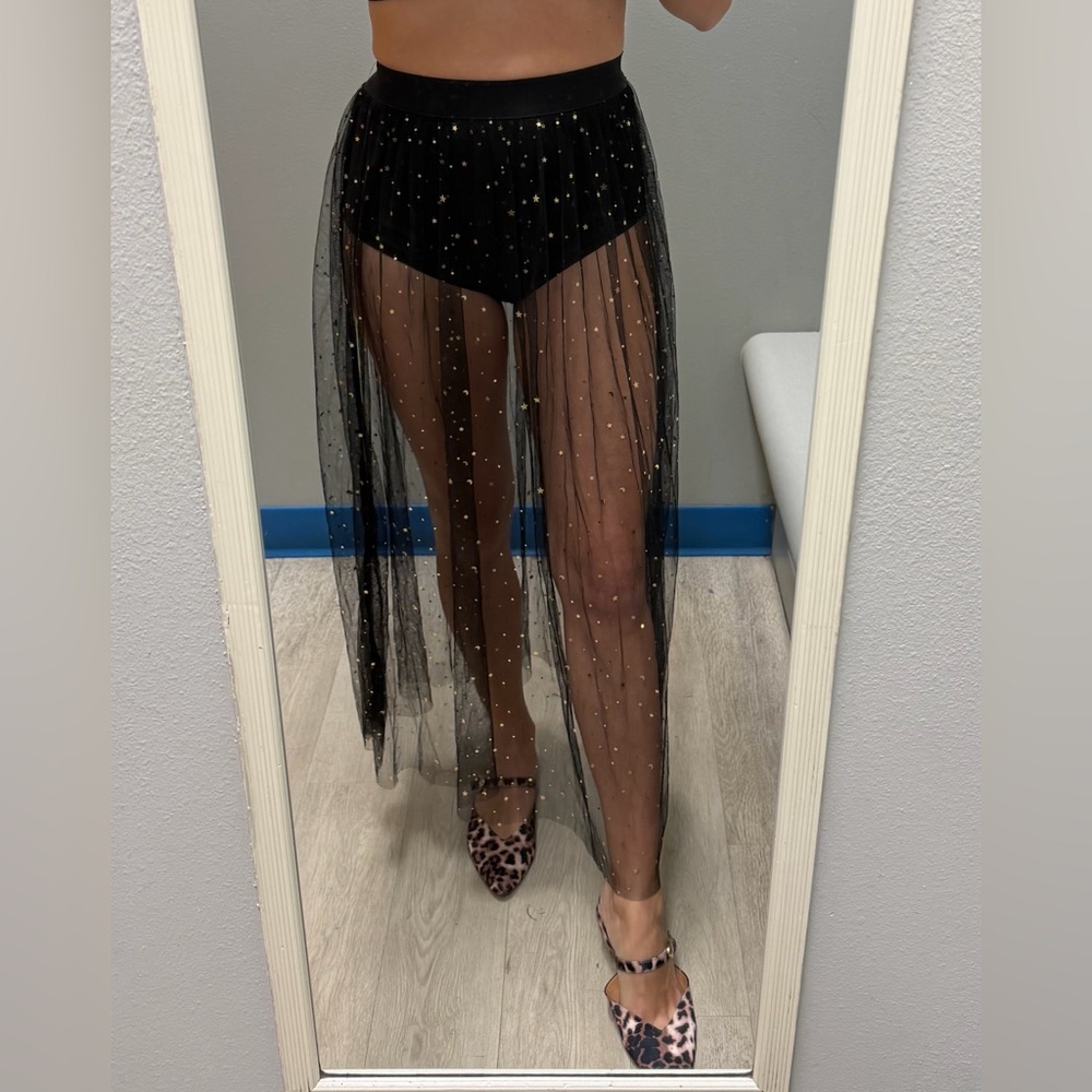 SHEIN Sheer Black Mesh Maxi Skirt Gold Star Moon Size M